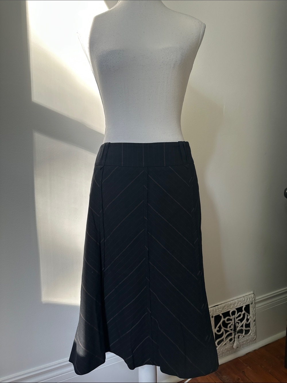 MARC‎ AUREL Black Cotton Wool Chevron Stripe Preppy Career Midi Skirt Sz 42